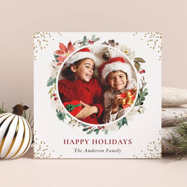 Winter Floral Gold Confetti 2 Photo Square Happy  Holiday Card (Sample (front))
