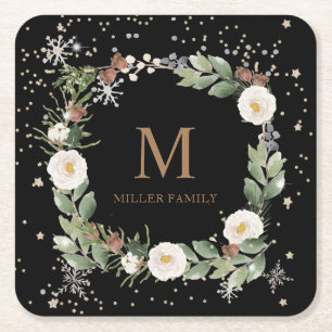 winter floral gold sparkle holiday monogram square paper coaster