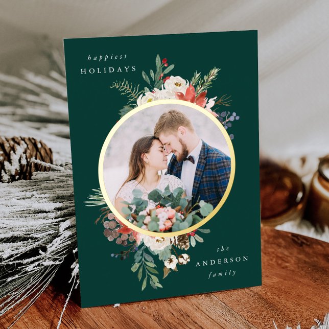  Winter Floral Green and Gold Circle Photo Foil Holiday Card (Creator Uploaded)