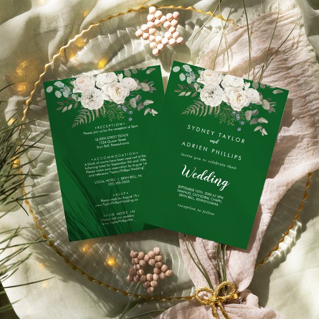 Winter Floral | Green Front and Back Wedding Invitation (Creator Uploaded)