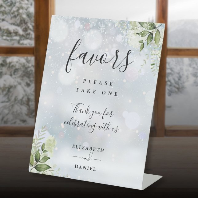 Winter Floral Greenery Modern Script Favours Pedestal Sign (Winter Floral Greenery Modern Script Favors Pedestal Sign)