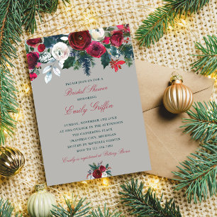 Winter Floral Holiday Christmas Bridal Shower Invitation