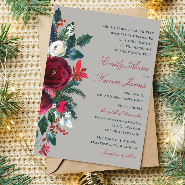 Winter Floral Holiday Christmas December Wedding Invitation (Creator Uploaded)