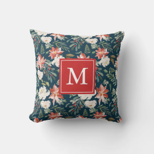 Winter Floral Holiday Monogram Cushion