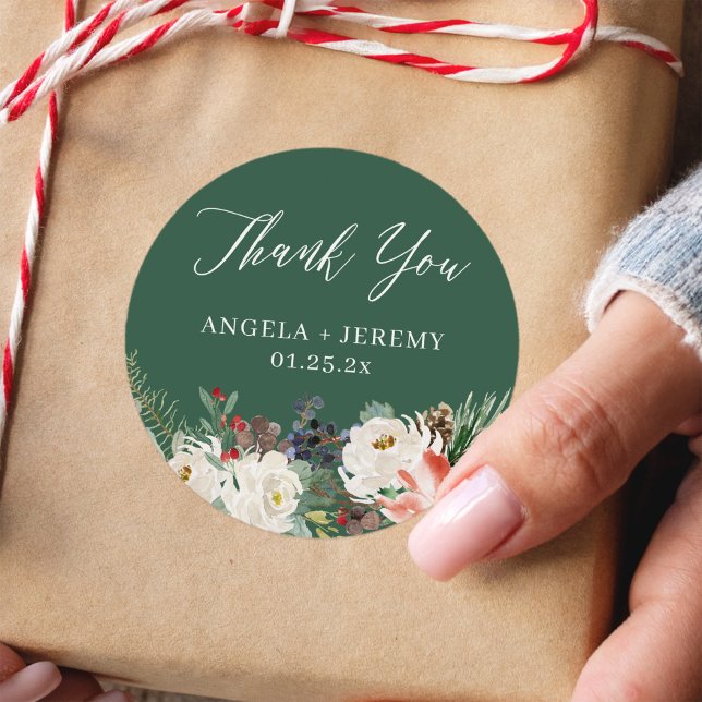 Winter Floral Holly Berries Holiday Thank You Classic Round Sticker (Creator Uploaded)
