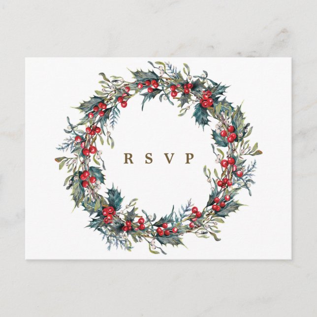 winter floral holly wreath wedding rsvp postcard (Front)