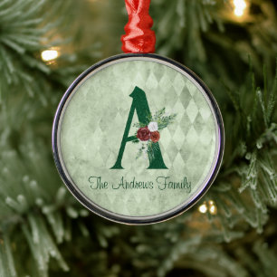 Winter Floral Illustrated Letter A Personalised  Metal Ornament