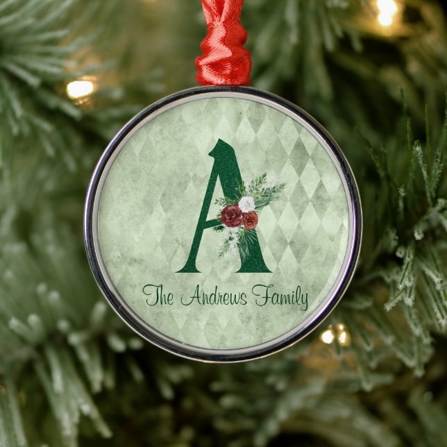 Winter Floral Illustrated Letter A Personalised  Metal Ornament (Tree)