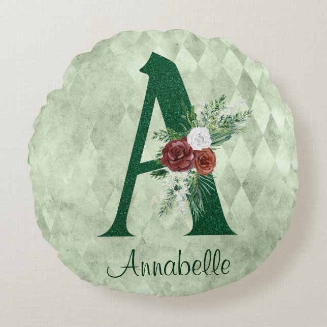 Winter Floral Illustrated Letter A Personalised  Round Cushion (Front)