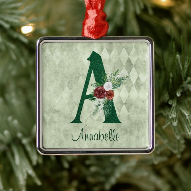 Winter Floral Illustrated Letter A Personalized  Metal Ornament (Tree)