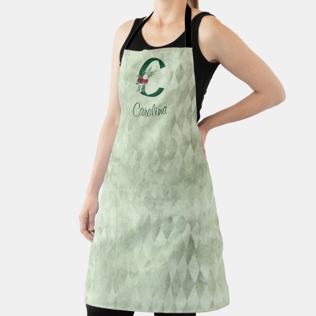 Winter Floral Illustrated Letter C Personalised  Apron (Insitu)