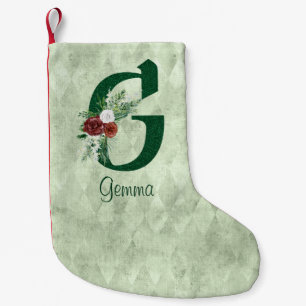 Winter Floral Illustrated Letter G Personalised Small Christmas Stocking