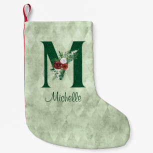 Winter Floral Illustrated Letter M Personalised Small Christmas Stocking
