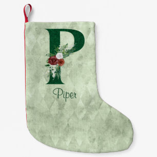 Winter Floral Illustrated Letter P Personalised Small Christmas Stocking