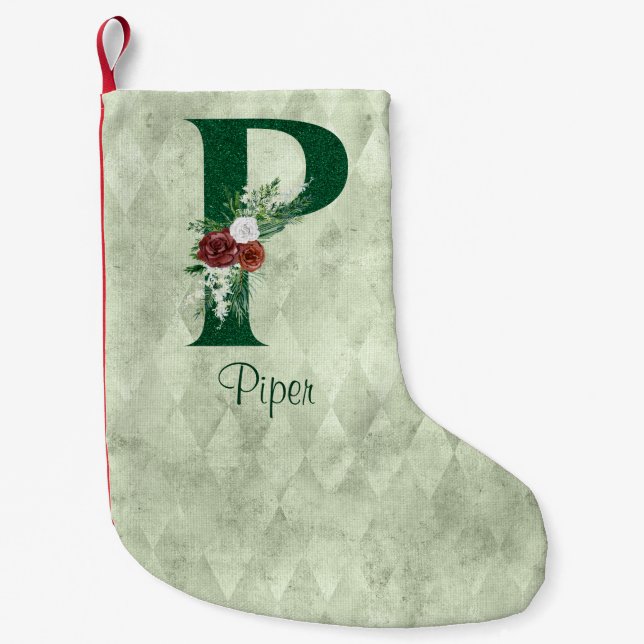 Winter Floral Illustrated Letter P Personalised  Small Christmas Stocking (Front)