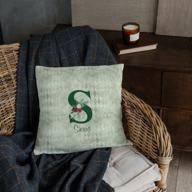 Winter Floral Illustrated Letter S  Personalised  Cushion (Creator Uploaded)