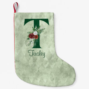 Winter Floral Illustrated Letter T  Personalised  Small Christmas Stocking