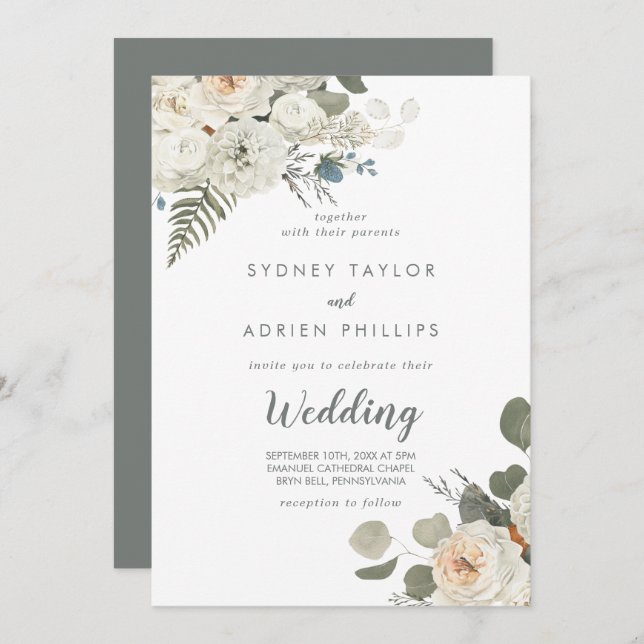 Winter Floral Informal Wedding Invitation (Front/Back)