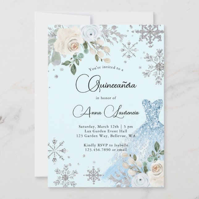 Winter Floral Light Blue And Silver Quinceanera Invitation (Front)