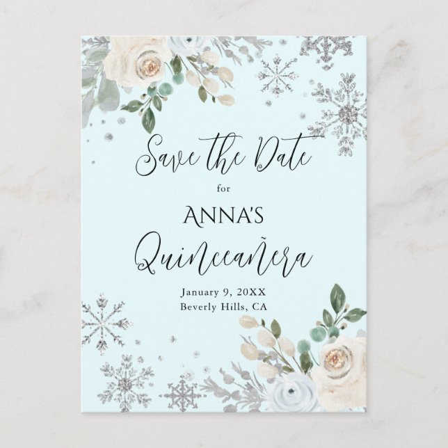 Winter Floral Light Blue Quinceanera Save The Date Postcard (Front)
