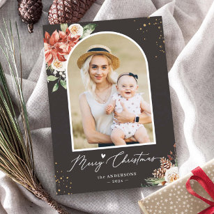 Winter Floral Merry Christmas Script Arch Photo Holiday Card