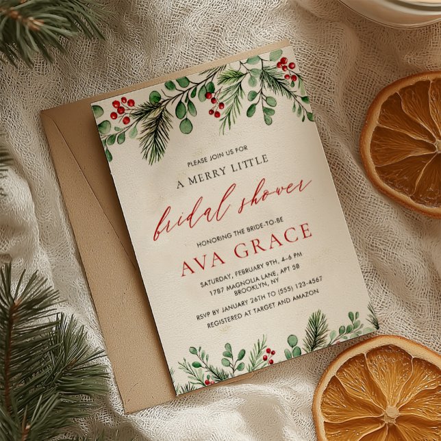 Winter Floral Merry Little Christmas Bridal Shower Invitation (Creator Uploaded)