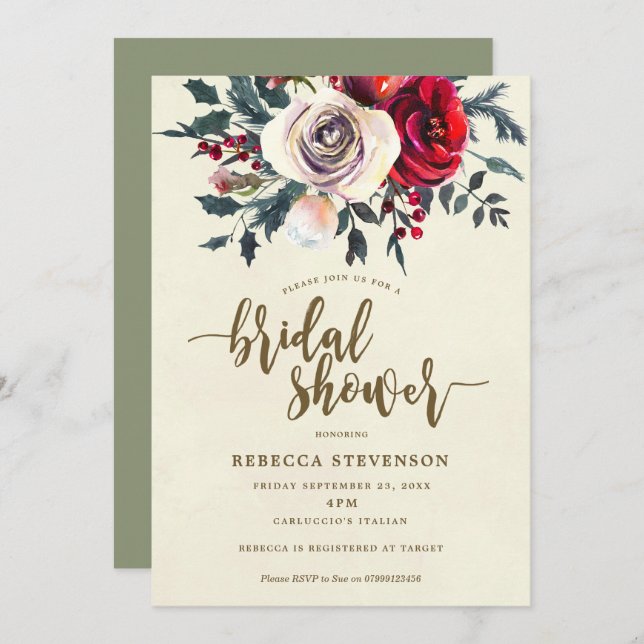 winter floral modern bridal shower invitation (Front/Back)