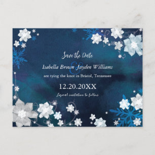 Winter Floral Navy Blue Wedding Save the Date Announcement Postcard