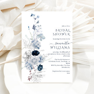 Winter Floral Navy Blue Wildflower Bridal Invitation