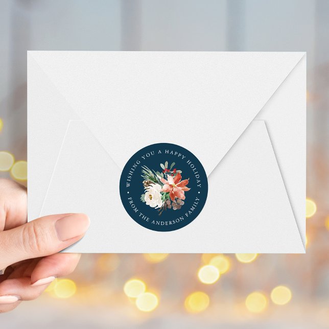 Winter Floral Navy Holiday Classic Round Sticker (Creator Uploaded)