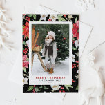 Winter Floral Pattern Black Christmas Photo Holiday Postcard<br><div class="desc">Merry Christmas! Give warm holiday greetings to your family and friends with this customisable photo Christmas postcard. It features watercolor botanical pattern of red poinsettia, winterberries, holies, paperwhites and greenery accents. Personalise this watercolor Christmas postcard by adding your own details. This floral Christmas postcard is available in a variety of...</div>