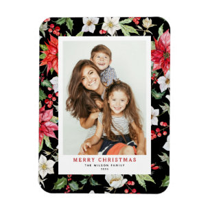 Winter Floral Pattern Black Christmas Photo Magnet