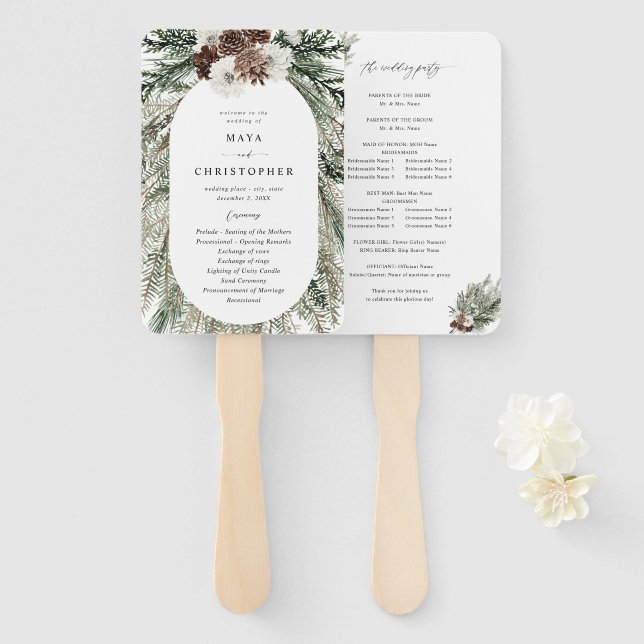 Winter Floral & Pine 2 Wedding Program Hand Fan (Front and Back)
