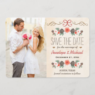 Winter Floral Pine Cone Christmas Save the Date