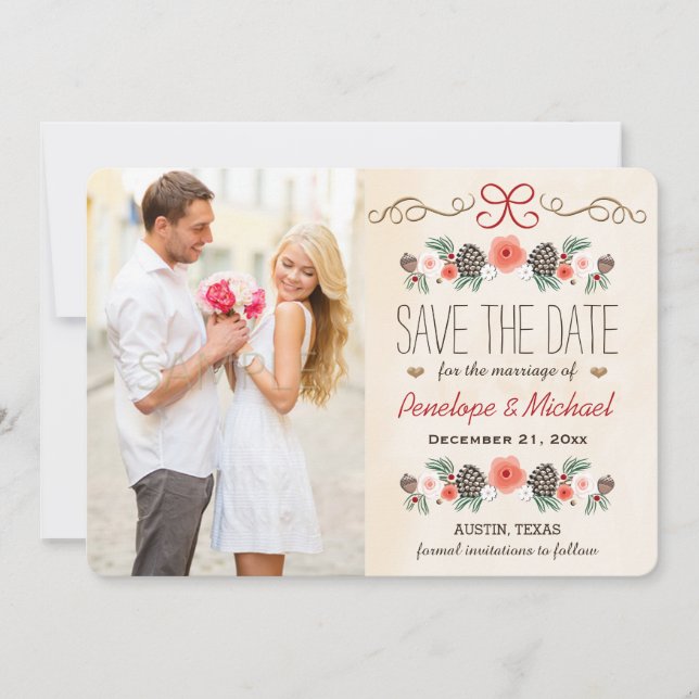 Winter Floral Pine Cone Christmas Save the Date (Front)