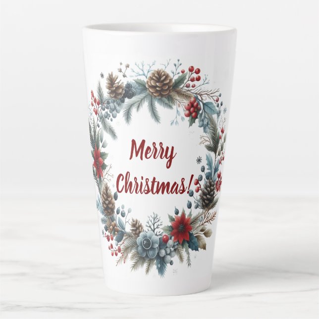 Winter Floral Pine Cones Wreath Latte Mug (Front)