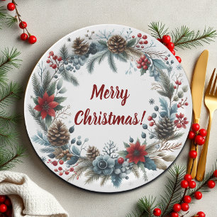 Winter Floral Pine Cones Wreath Paper Plate