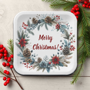 Winter Floral Pine Cones Wreath Paper Plate