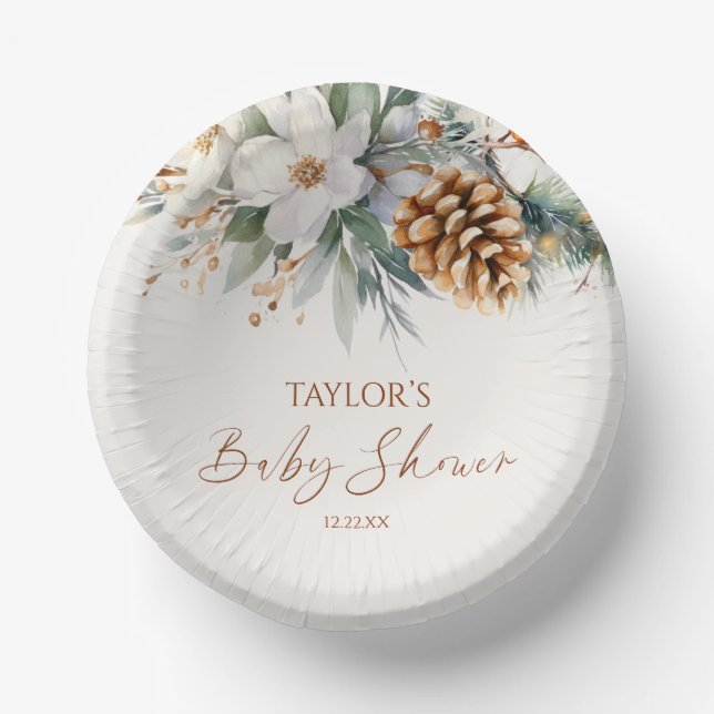 Winter Floral Pine Tree Baby Shower Paper Plate (Front)