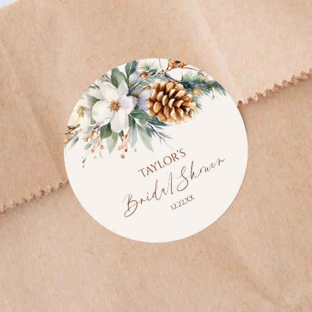 Winter Floral Pine Tree Bridal Shower Classic Round Sticker (Creator Uploaded)