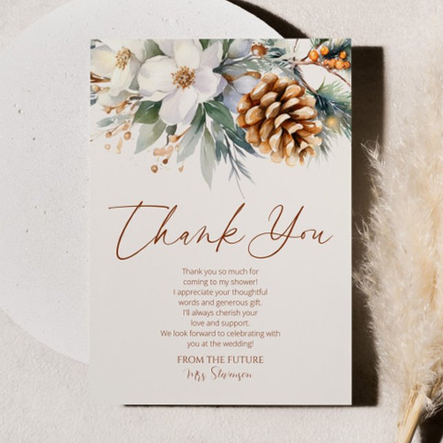 Winter Floral Pine Tree Christmas Bridal Shower Thank You Card (Creator Uploaded)