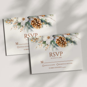 Winter Floral Pine Tree Cone Wedding RSVP Card