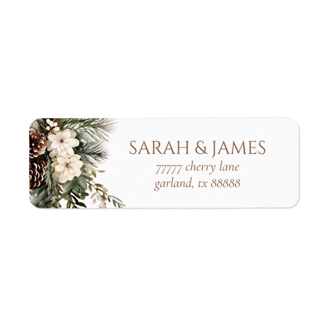 Winter Floral Pine Tree Wedding Return Address Label (Front)