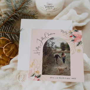 Winter Floral Pink Holly Jolly Christmas One Photo Holiday Card