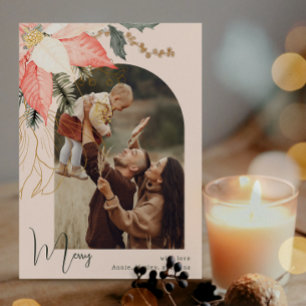 Winter Floral Pink Merry One Photo Holiday Card