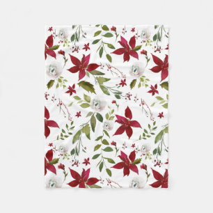 Winter Floral Poinsettia Watercolor Fleece Blanket