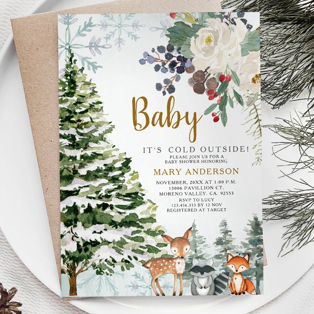 Winter Floral Red Baby Shower Forest Animals Invitation (Creator Uploaded)