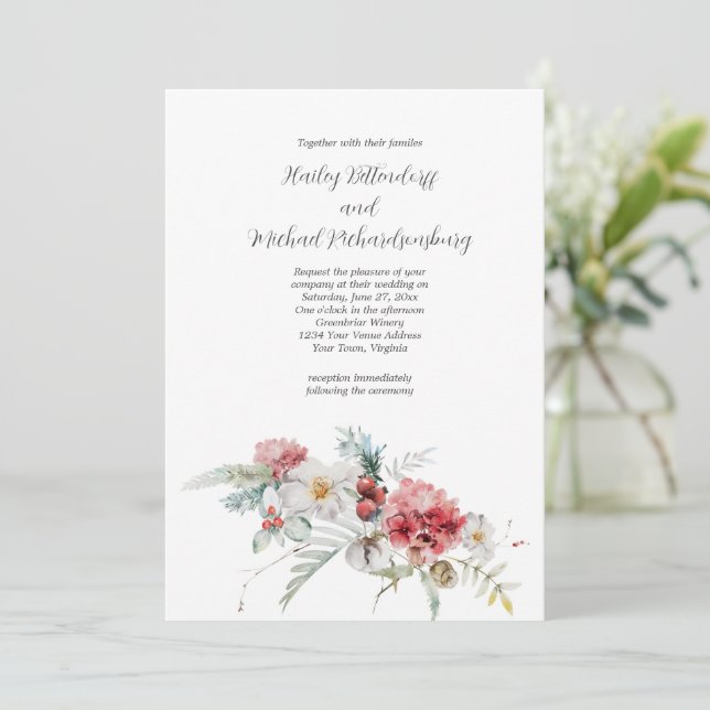 Winter Floral Red Blush White Greenery Wedding Invitation (Standing Front)