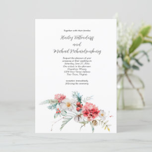 Winter Floral Red Blush White Greenery Wedding Invitation