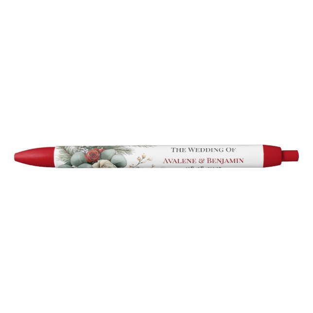 Winter Floral Red White Christmas Rose Wedding  Black Ink Pen (Front)